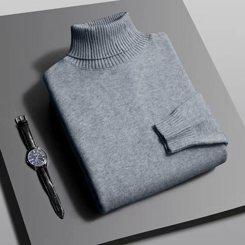 Outono Masculino Suéter Gola Alta Tricotado de Alta Qualidade Ajuste Slim Manga Longa Antipilling Pulôver Cor Sólida Tendência Masculina Streetwear