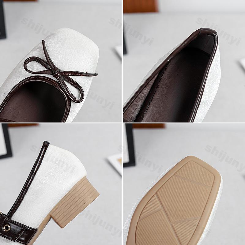 Women Ballet Flats 2026 Autumn Bowknot Square Toe Belt Buckle Design Mary Jane Shoes Elegant Soft Sole High Quality Single Shoes