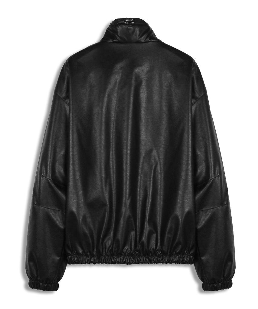 Doffjason Oversized Vegan Leather Windbreaker Jacket (Black)
