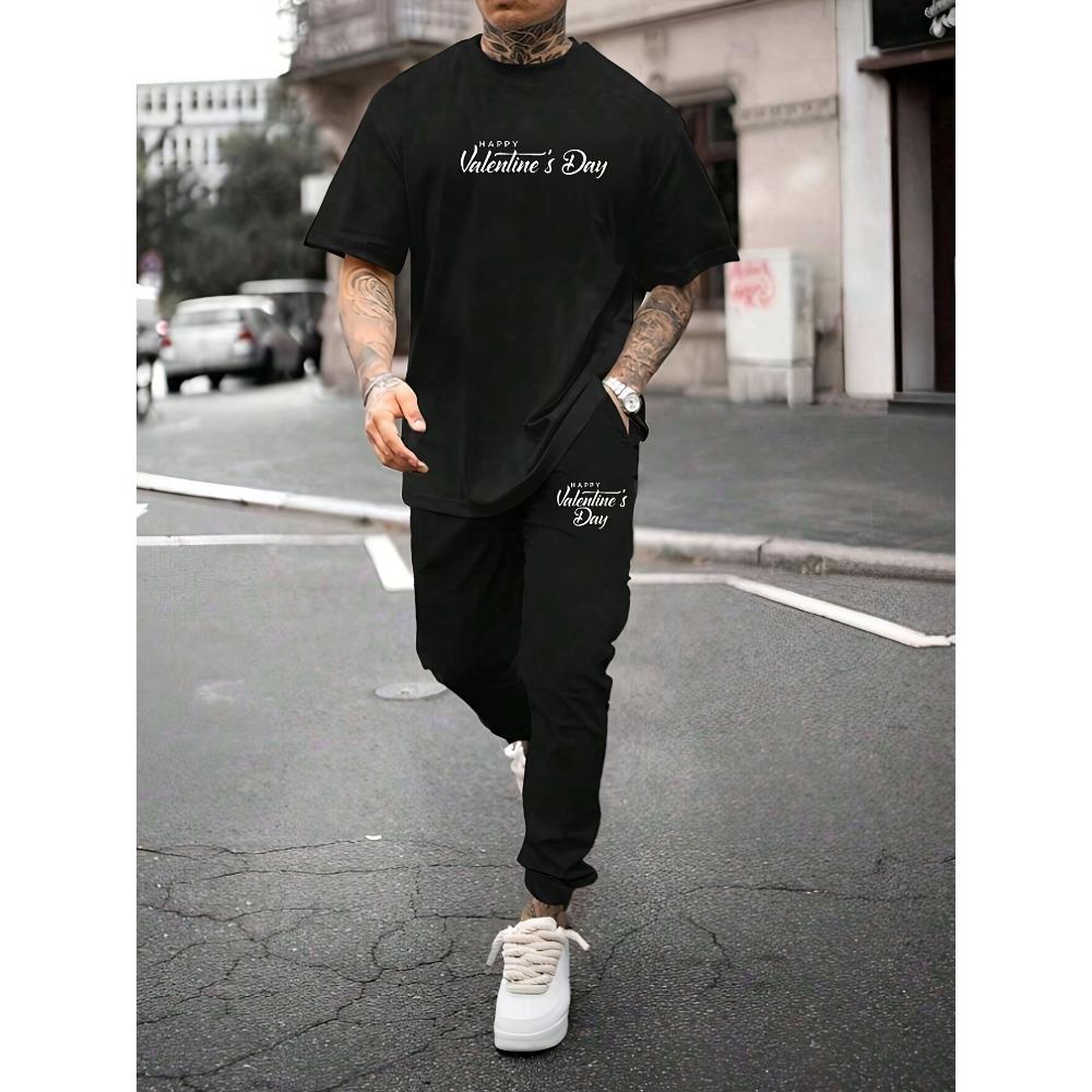 Men s Casual and Fashionable Letter Printed Round Neck T-shirt Paired with Pants Set, Comfortable and Soft Fabric, Fashionable Style S