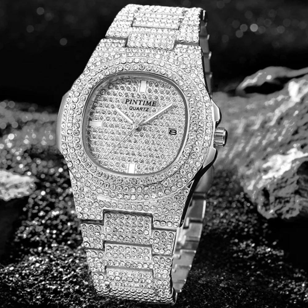 Luxury Quartz Watch For Men Automatic Date Hip Hop Full Iced Diamond Clock Fashion Watch Men Waterproof Square WristWatch