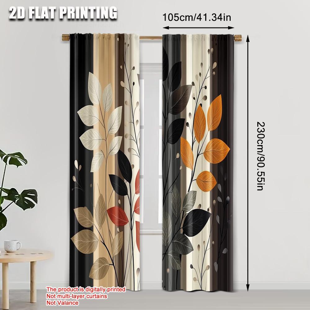 2pcs, Creative Curtains 2D print Black and Brown Leaves with White Flowers Polyester Easy Install (without rod) Decorations