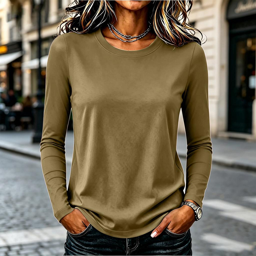 Women's Casual Long Sleeve Solid Color Crew Neck Shirt Lightweight Soft Fabric Relaxed Fit Everyday Wear