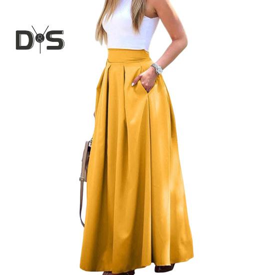 Dámská maxi sukně s vysokým pasem, prodyšná, s velkým lemem, dlouhá sukně s kapsami, stylová večírek, zeštíhlující sukně