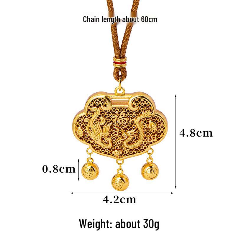 Vietnamese Sand Gold Ruyi Lock Necklace with Dragon & Phoenix Design