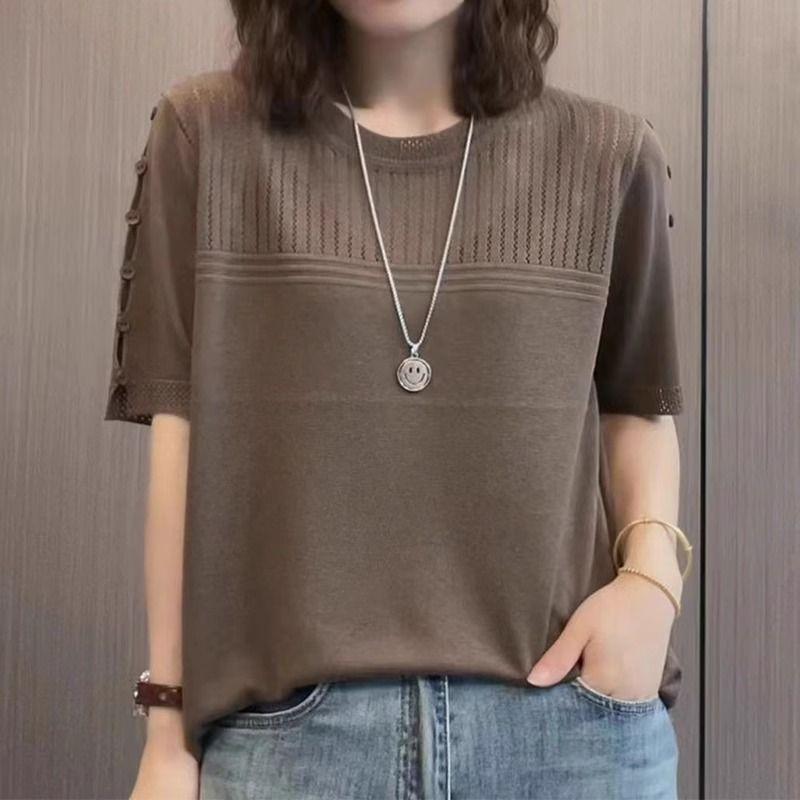 Summer New Middle Aged Women's Ice Silk Knitted Shirt Short Sleeve T-shirt Plus Size Top