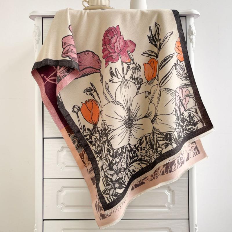 

Double-sided contrasting color flower scarf women s high-end sense autumn and winter new printed warm thickened long shawl 70-180CM