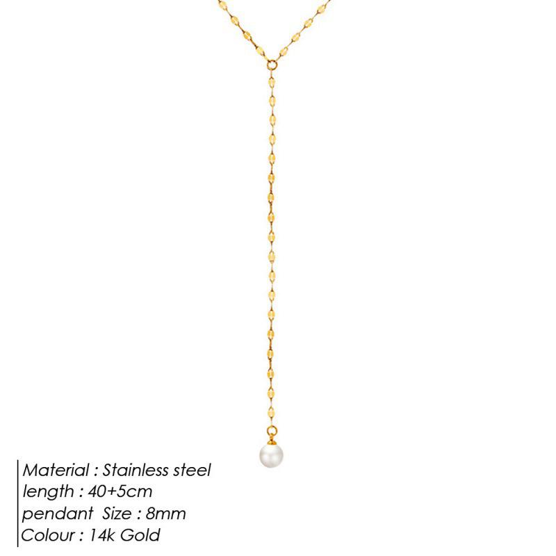 14K Gold Titanium Steel Y-Shaped Necklace with Faux Pearl Pendant - Elegant Women's Clavicle Chain