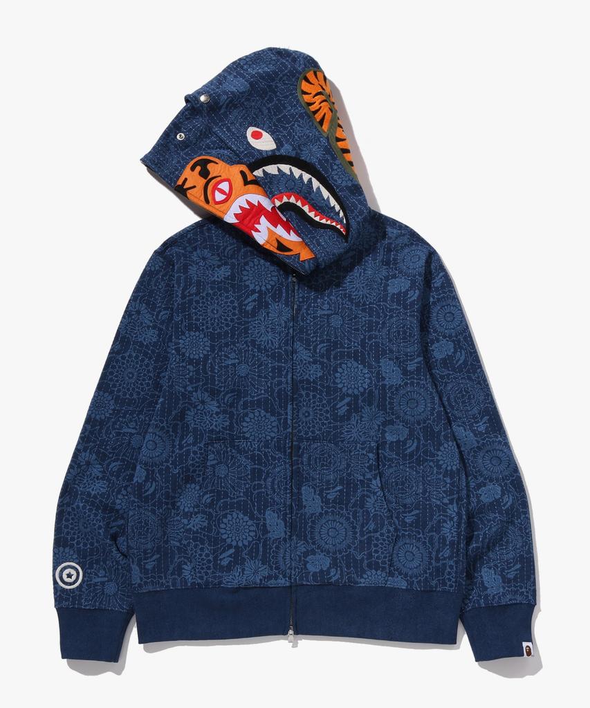Bape Japanese Indigo Art Camo Double Tiger Shark Full Zip Hoodie (M) Indigo