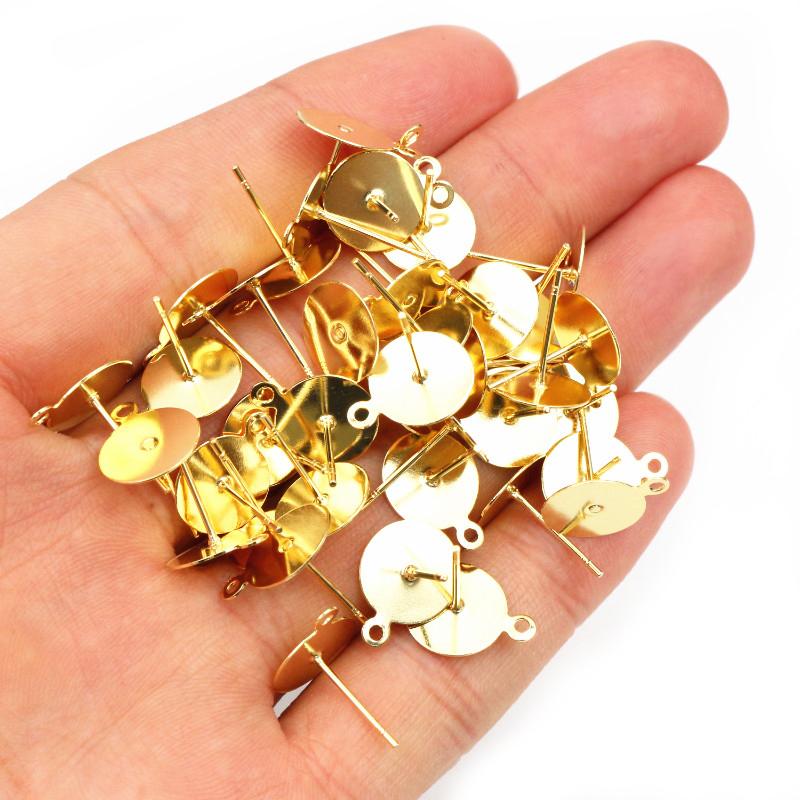 50-100pcs/lot No Fade Stainless Steel Gold Color Blank Earring Stud Fit 4 5 6 8 10 12mm Cabochon Cameo Settings Accessories DIY