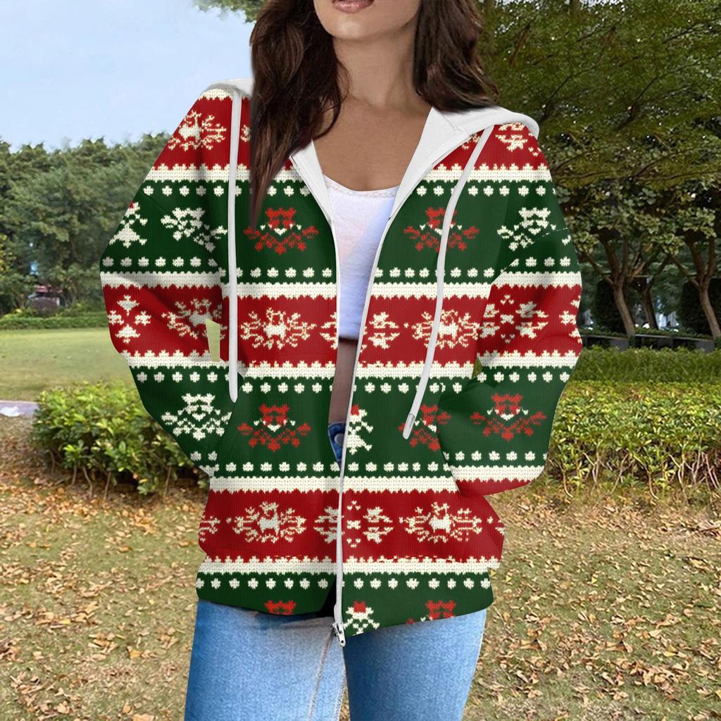 Women's Fashion Casual Christmas Print Long Sleeve Sweatshirt Pocket Jacket Zipper Hoodie Coat