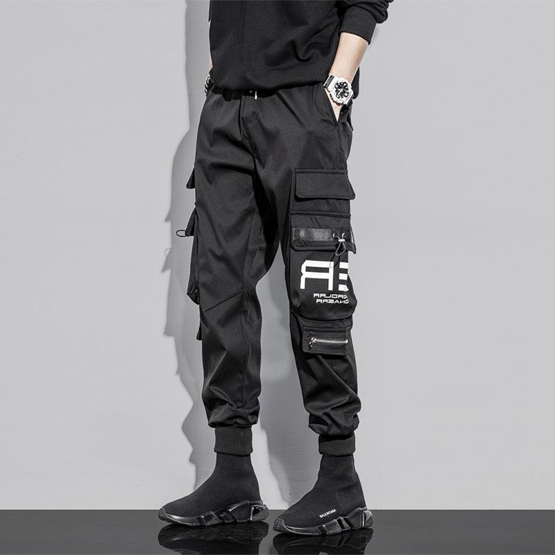 IELGY Men's Black Cargo Pants Multi-pocket Functional Wind Hip Hop Trend Loose
