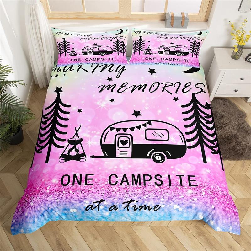 Camping Bettbezug Mikrofaser Galaxie Sterne Mond Happy Camping Bettdeckenbezug Camper Truck Geometrie Berg Bäume Bettwäscheset