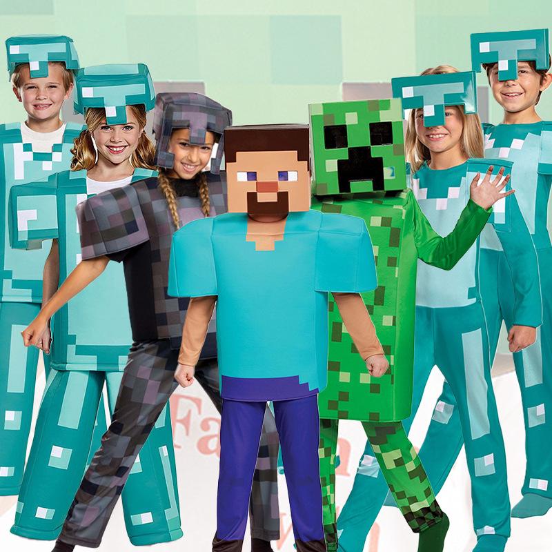 Halloweenský modro-zelený kostým Minecraft Steve pro děti, jevištní herní vystoupení