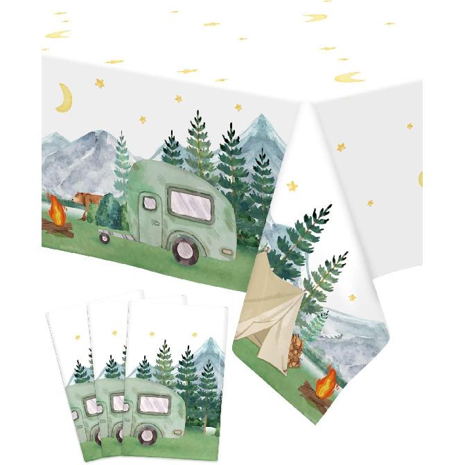Nefelibata 3 pcs Camping Birthday Decorations Table Cover Waterproof Tablecloths One Happy Camper Party Camping Favors Bachelorette Happy Camper for