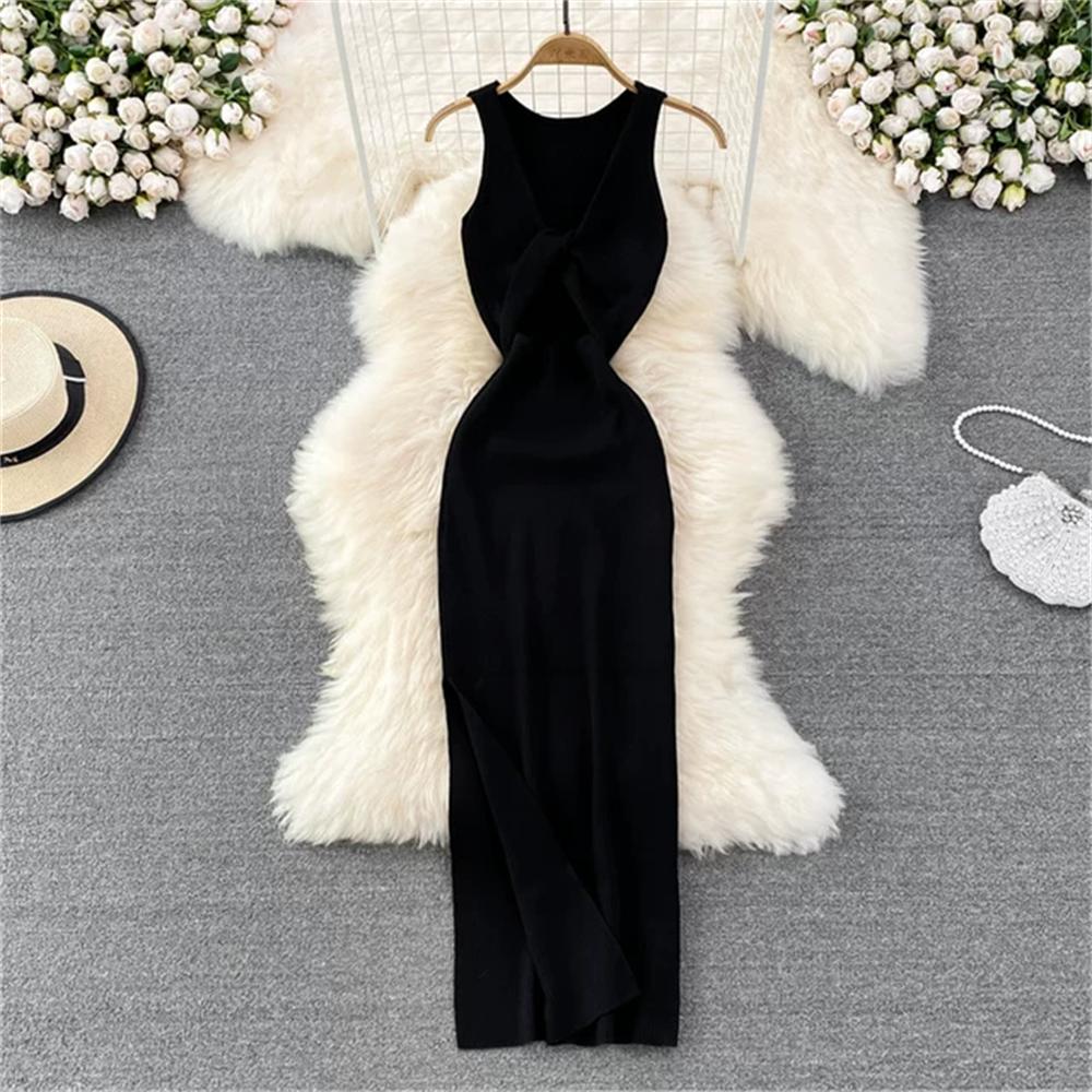 Vestido de Punto Minimalista sin Espalda para Mujer Verano SSólido de Punto sin Mangas Ajustado sin Mangas Sexy Bodycon Vestido Camiseta