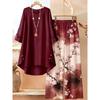 Bloemenprint Tweedeelig Outfit Dames Lange Mouwen Onregelmatige Zoom Tuniek Top Wijde Pijpen Broek Casual Combinatieset