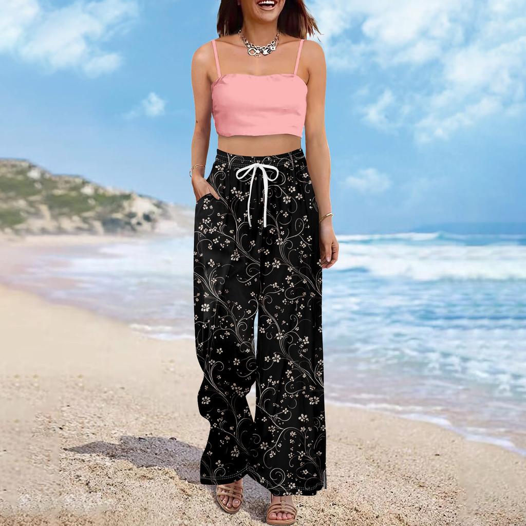 Damen Sommer Boho Palazzo Hose Hohe Taille Weites Bein Blumendruck Freizeithose Mit Taschen