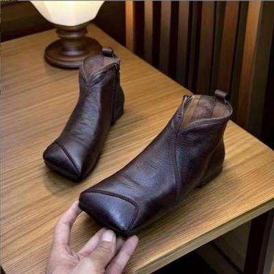 Fashion Winter New Flat Boots Women's Square Head Side Zipper Soft Sole Non-slip Wear-resistant Comfortable Short Boots