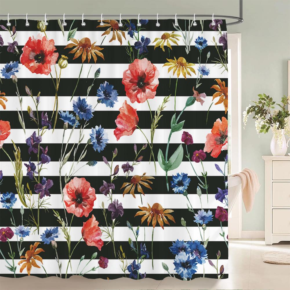 Black White Stripes Flowers Butterfly Pattern Shower Curtain 3D Bath Screen Waterproof Fabric Bathroom Decor Shower Curtains