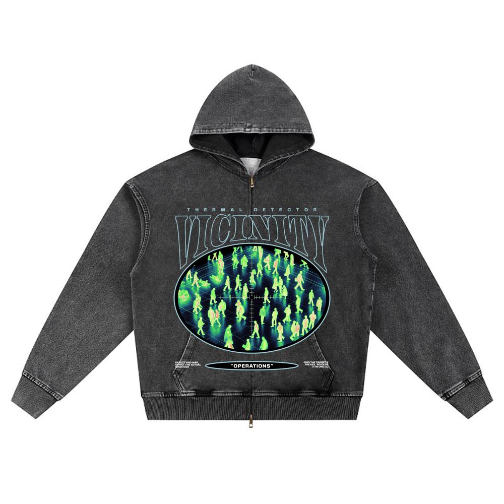 DTG Print Knitted Denim Zip-Up Hoodie Thermal Detector Brother Print Zipper Hoodies  