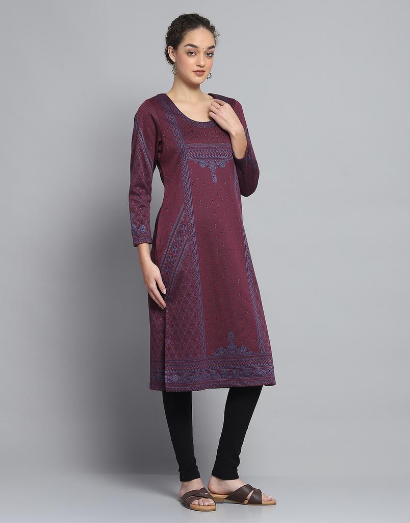 MONTE CARLO Womens Self Design Wine Round Neck Full Sleeve Kurti