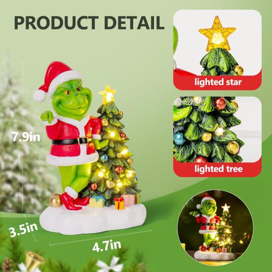 Christmas Statue with LED Lights Handmade Resin Sculpture Battery-Powered Festive Figurine for Patio Balcony Yard Housewarming Gift