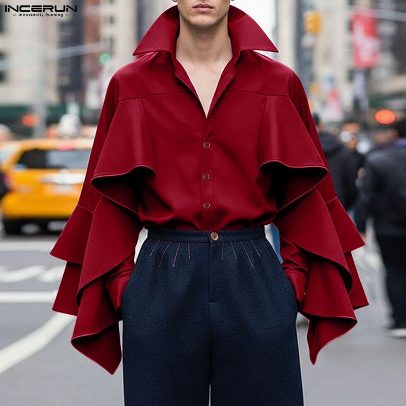 INCERUN Men Lapel Neck Long Sleeve Ruffled Shirts Casual Loose Oversized Tops