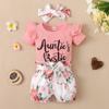 Newborn  Suit Letter Print Romper Three Piece Jumpsuit Floral Shorts Headband Set 0-18M
