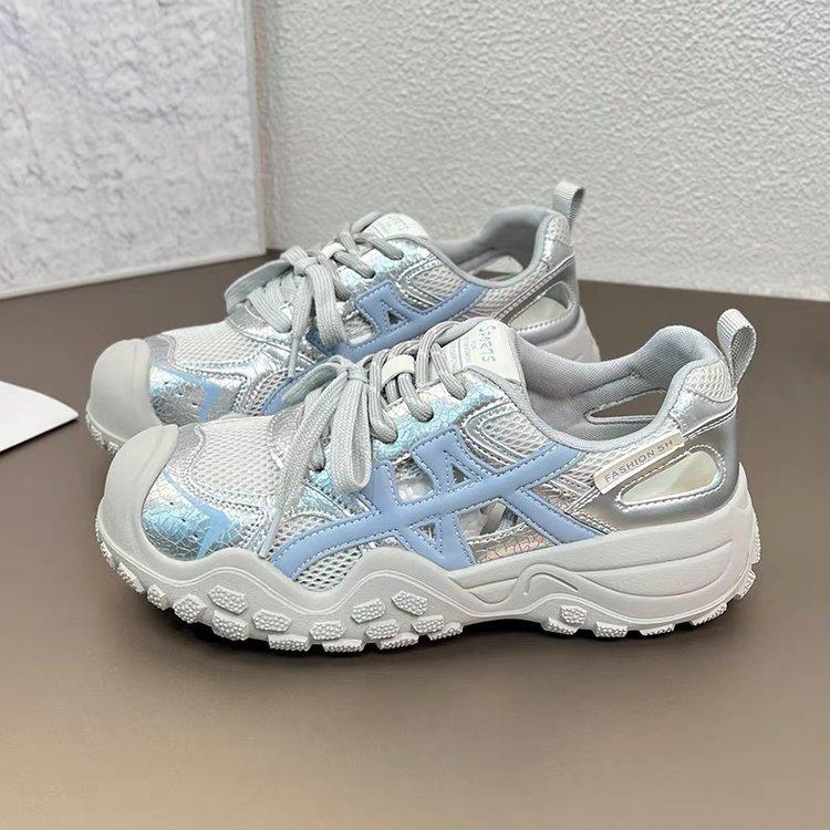 

Leather mesh ugly cute dad shoes girl 2025 summer new thick-soled hollow thin breathable casual sports shoes tide 40