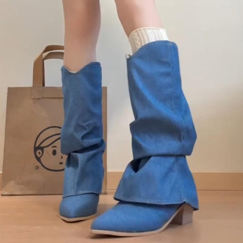 Fashion Vintage Denim Women Western Cowboy Boots Fashion Thick Heel Knight Long Booties Autumn Winter Zapatos De Mujer