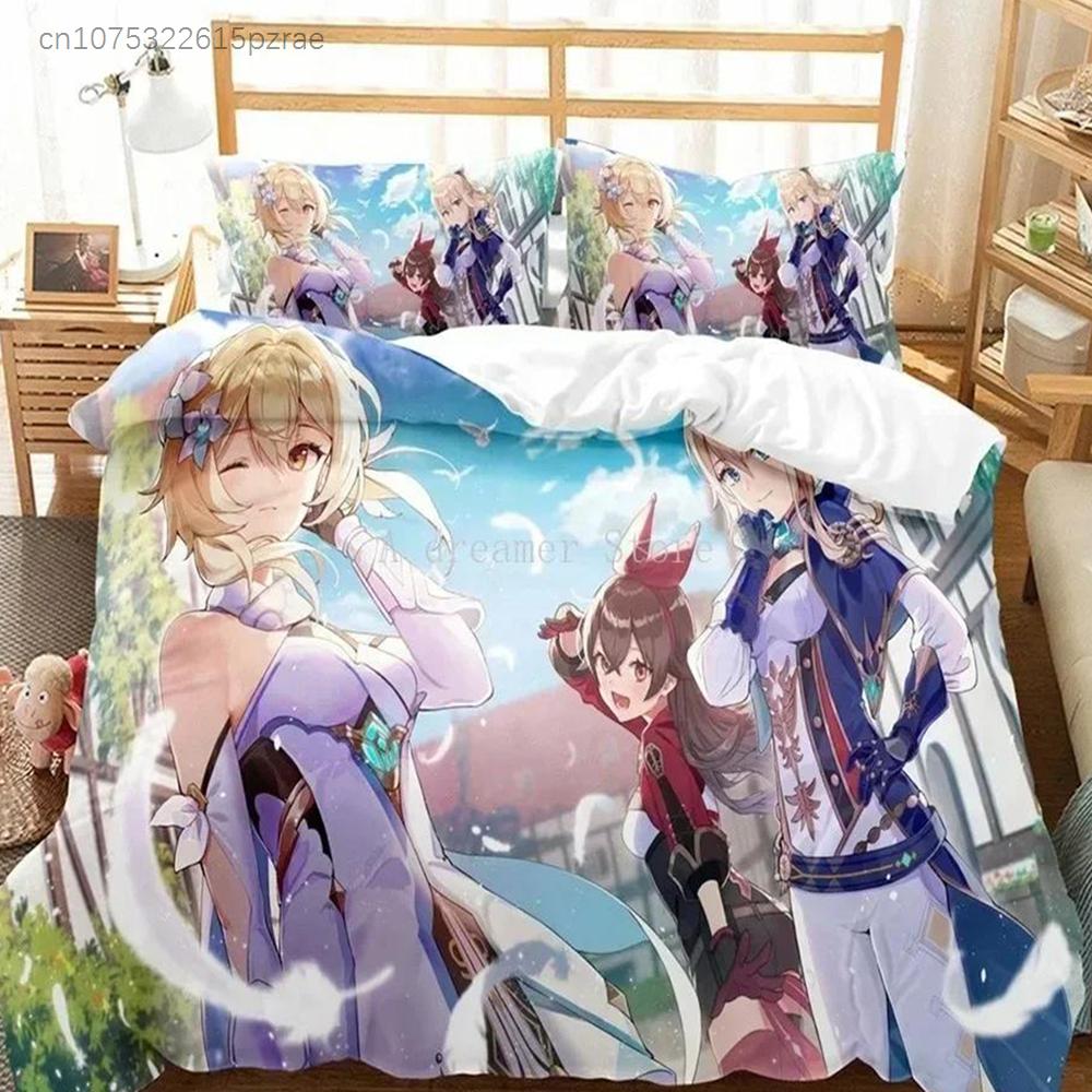Genshin Impact Bettwäsche-Set Bettbezug Laken Bedrucktes Bettset Kissenbezug Bett Voll Queen King Size Bettdecke Schlafzimmer