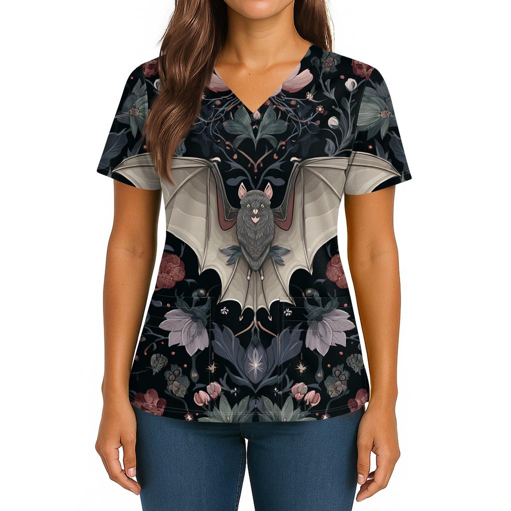 Women's Halloween Printed V-Neck Double Pocket Short Sleeves Hem Slit Uniform Caregiver Top