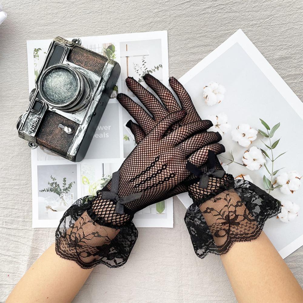 Bow Knot Women Lace Mesh Gloves Thin Etiquette Dress Gloves Holiday Princess Birthday Party Gloves