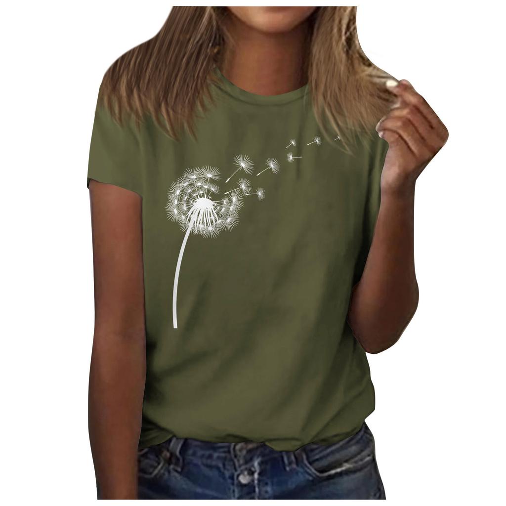 Women's Cute Printed Short Sleeve Round Neck Front Shoulder Vintage Short Sleeve Summer Loose Shirt Top