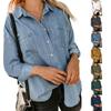 Damen locker geschnitten einfarbig Langarm Hemd mit Knöpfen und Tasche Freizeitbluse Denim-Stil Oberteil