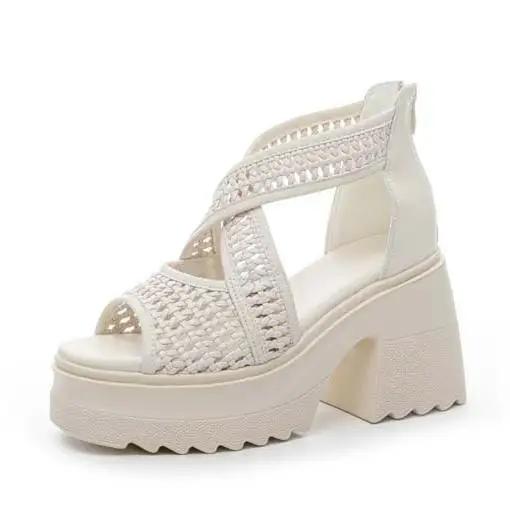 Fashion High Quality 10CM Genuine Leather Peep Toe Shoes Chunky Heels Sandals Pumps Platform Wedge Summer Fashion Ankle Booties Women
