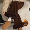 Khaki Micro-Flare Velvet-Lined Mid-Waist Slim-Fit Jeans for Women