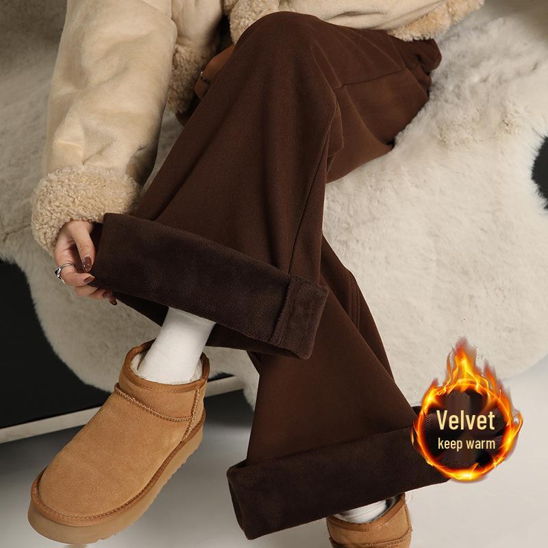 Khaki Micro-Flare Velvet-Lined Mid-Waist Slim-Fit Jeans for Women