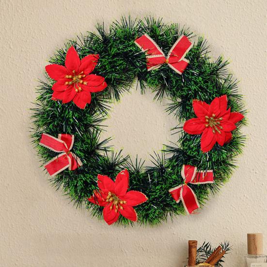 Christmas Wreath for Front Door Artificial Pine Needle Wreath with Balls Bows Flowers Merry Christmas Hanging Decor for Home Wall Window Porch Indoor
