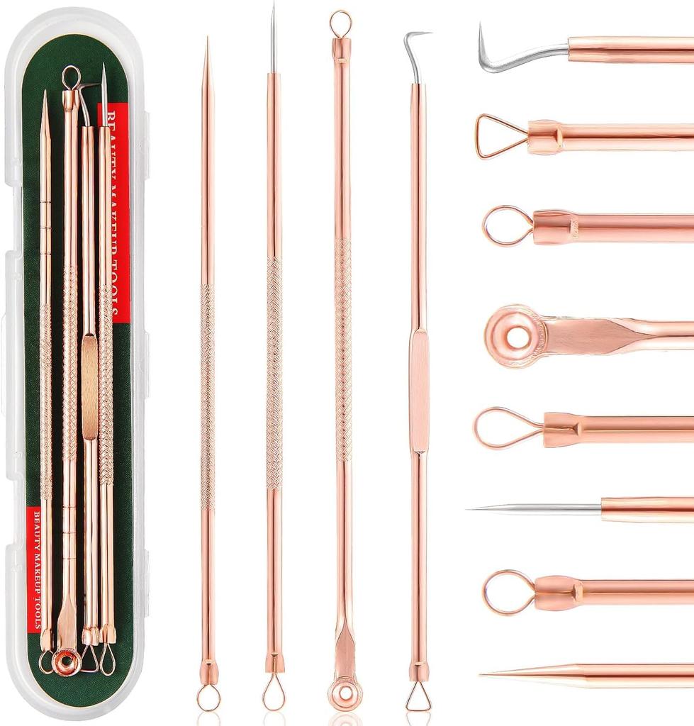 FIRST BEAUTY 4Pcs Blackhead Pimple Golden Remover Tools for Professional Tweezers Kit for Remove Acne Comedone Extractor, Black Heads Removing on F