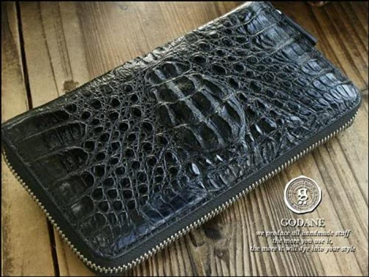 Crocodile leather round zipper long wallet Black [GODANE] men's SPCW-8005CP (Black)