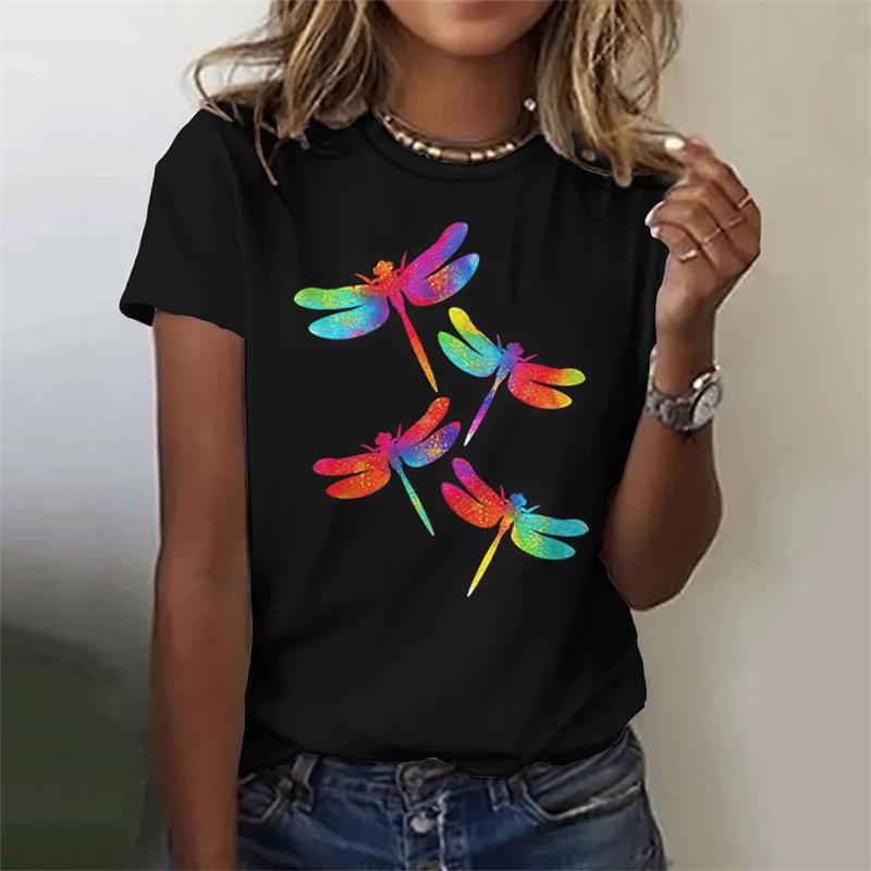 3D New Flower Dragonfly Printed Women's T-shirt Women's Summer Street Beautiful T-shirt Short Sleeve