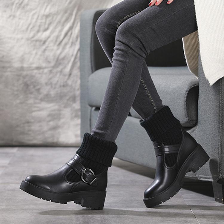 Fashion Shoes for Women Winter Fashion Knitting Velvet Ankle Boots Women Korean Lace-up Platform Botas Warm Square Button Botas De Mujer