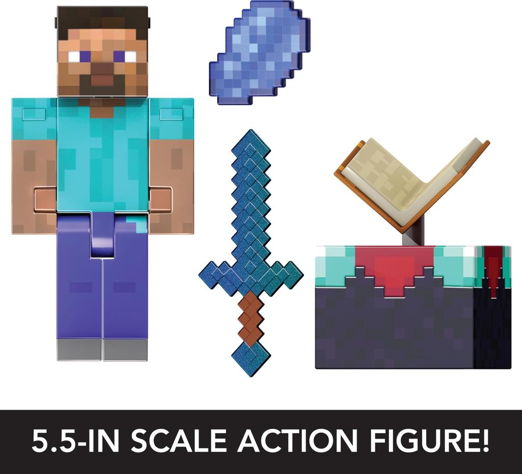 Mattel Minecraft Diamond Level Steve Action Figure with 3 Inch Collector Scale Pixel Design Accessories, 5.5