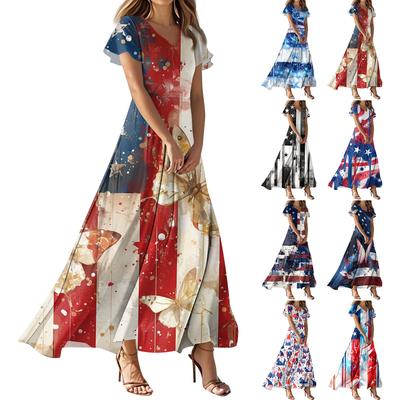 Women's Independence Day Flag Print Casual V-Neck Short Sleeve High Waist Dress