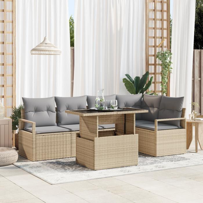 Set de canapés de jardin 6 pièces avec coussins en rotin poly beige, Canapé de jardin 2 places avec rangement et coussins 3357563