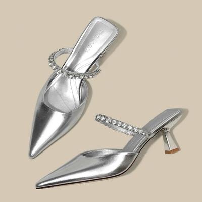 Fashion Women's Baotou Sandals Spring New Pointed Head Shallow Mouth Crystal with Anti-slip Wear-resistant Fine Heel Slippers