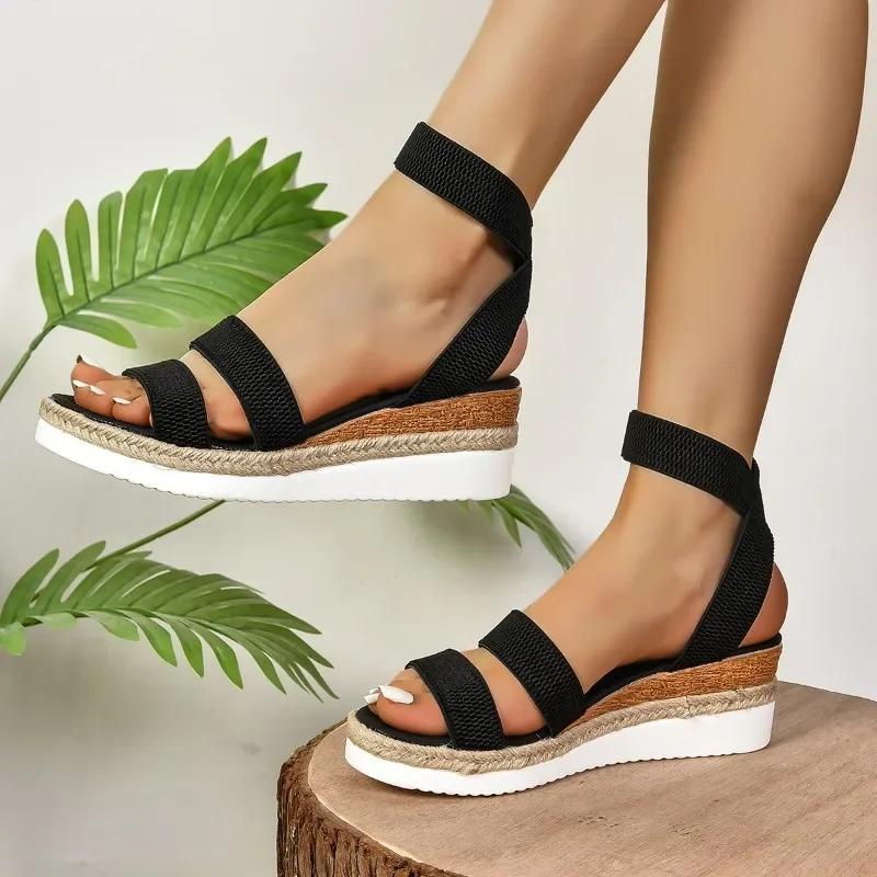 2024 Women's Shoes Elastic Strap Women's Sandals Summer Roman Open Toe Solid Color Outdoor Casual Beach Wedge Large Size Sandals