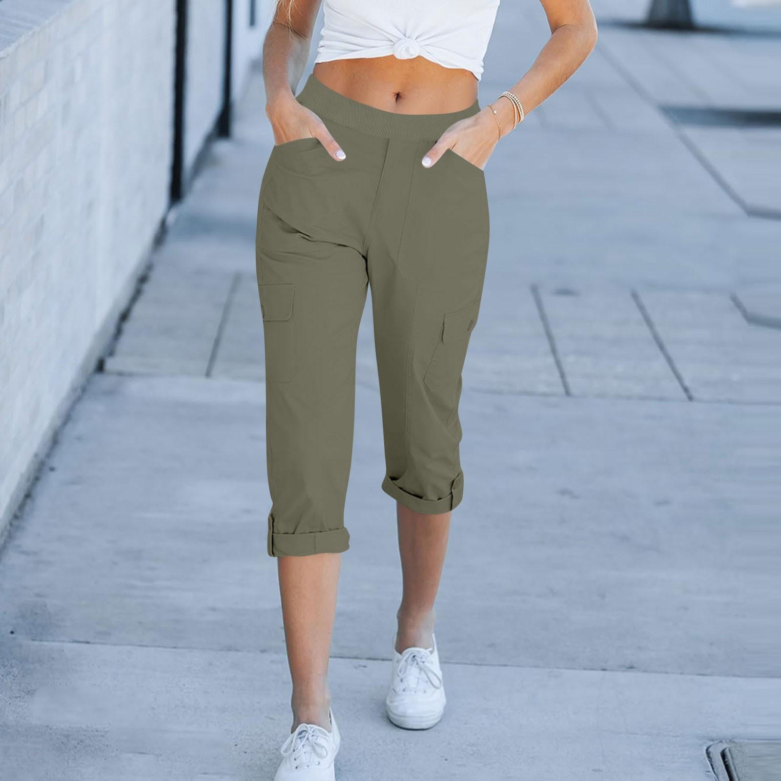 Pants For Women High Waisted Relaxed Fit Elastic Knit Waist Casual Capris Trousers Cropped Pants S